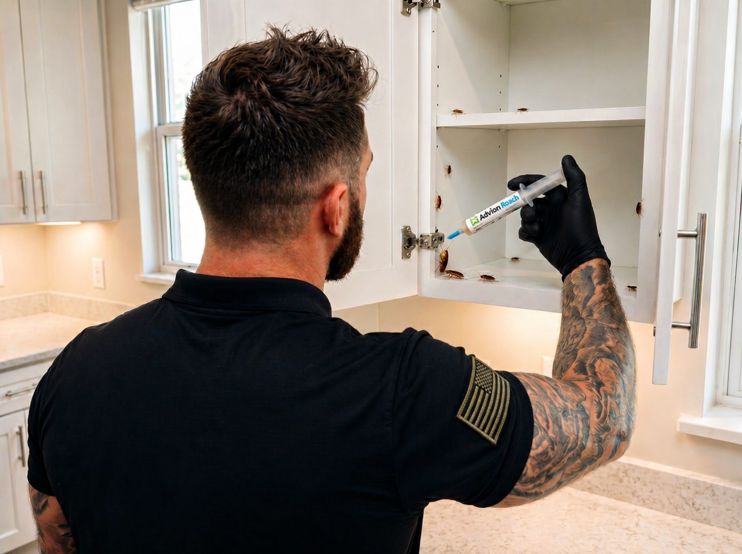 Tier 1 Pest Solutions technician applying targeted gel bait inside a kitchen cabinet for cockroach control