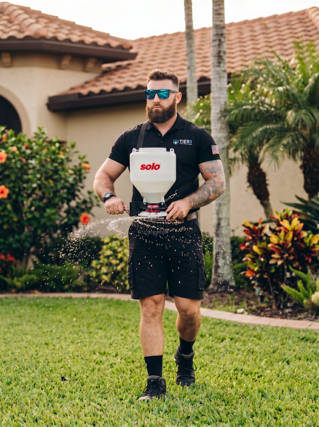 Tier 1 Pest Solutions technician broadcasting fire ant bait across a Fort Lauderdale lawn