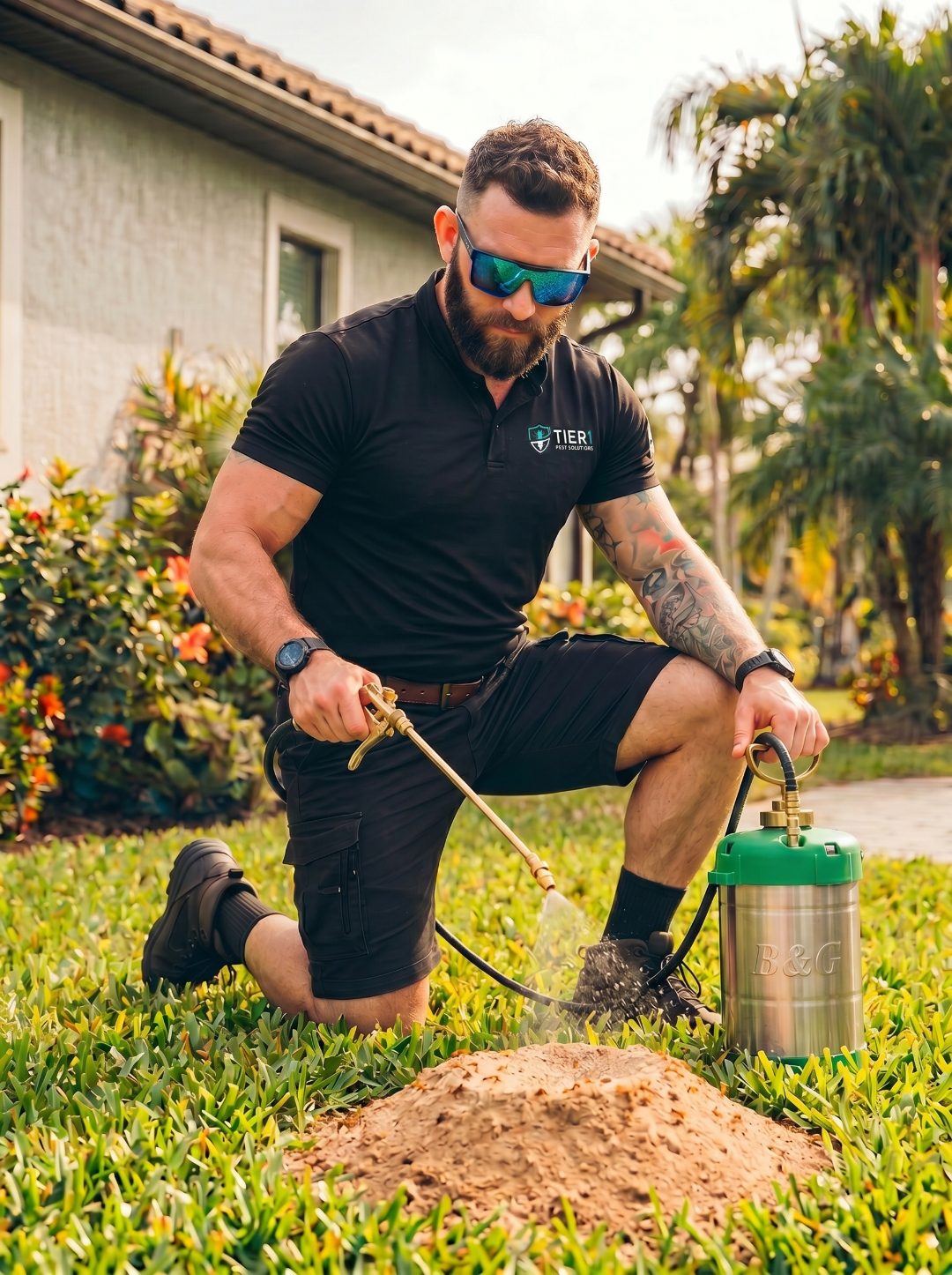 Tier 1 Pest Solutions technician treating an active fire ant mound in a Fort Lauderdale FL yard with B&G professional sprayer