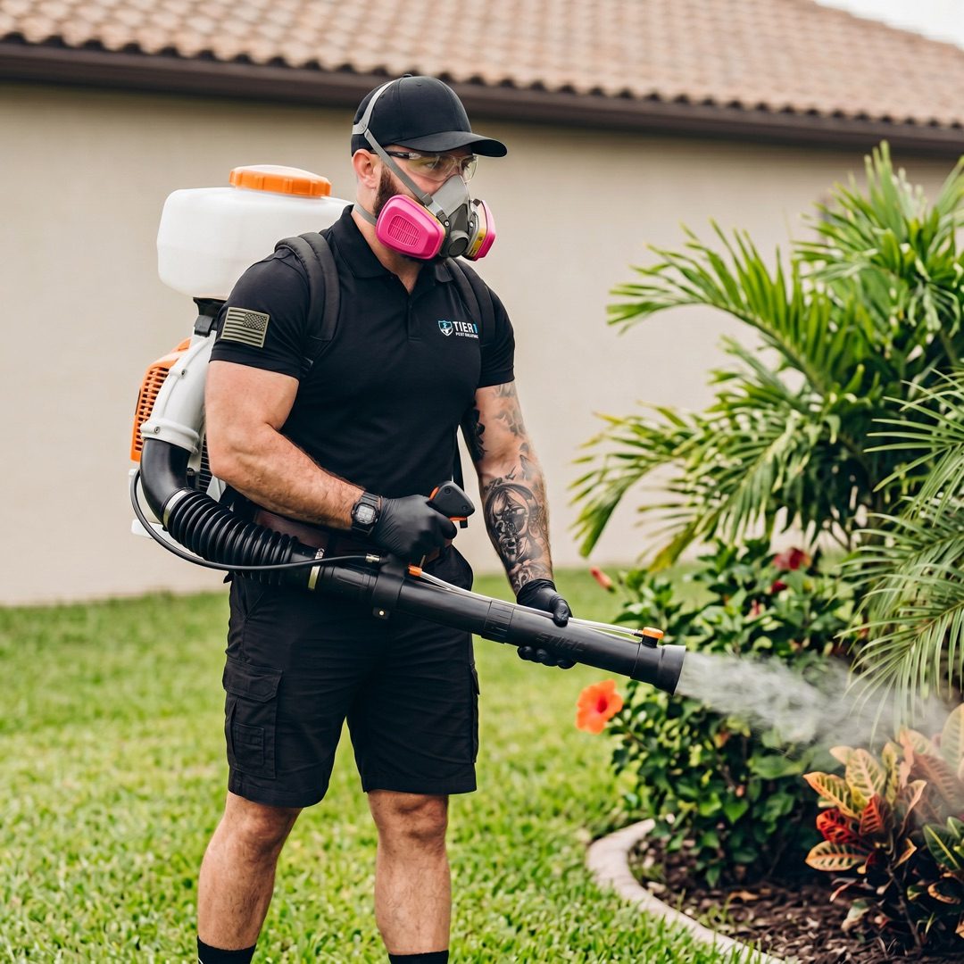 Tier 1 Pest Solutions technician fogging hibiscus and croton landscaping with backpack ULV fogger