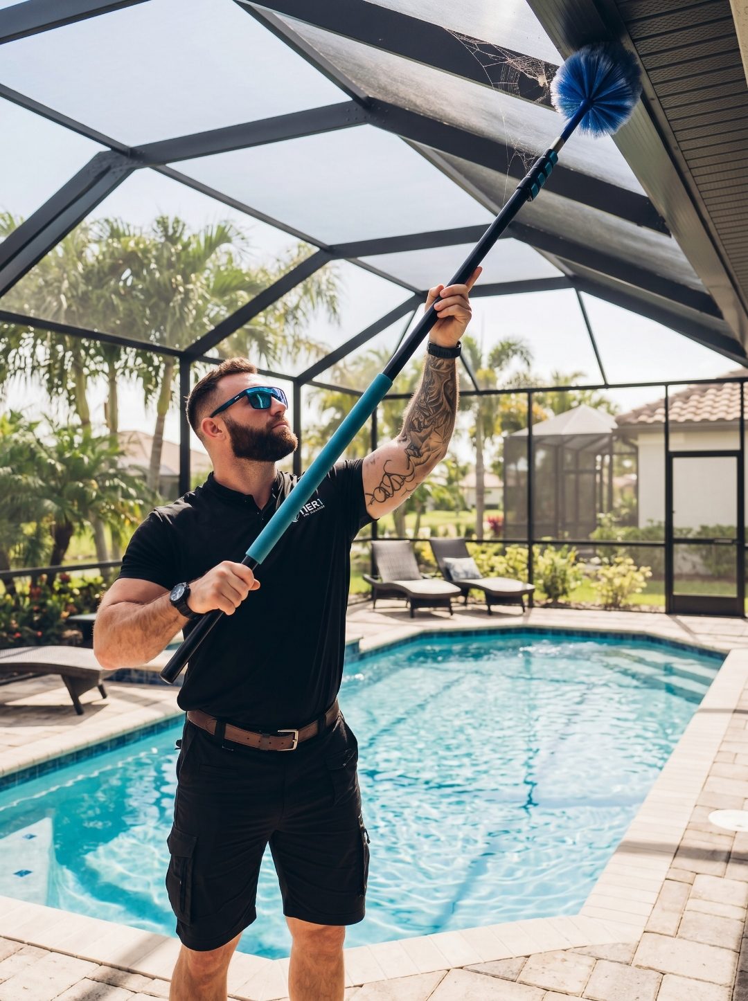 Tier 1 Pest Solutions technician removing spider webs from a Sarasota FL pool enclosure