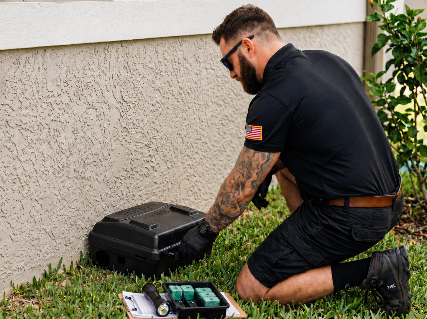 Tier 1 Pest Solutions technician servicing a tamper-resistant exterior rodent bait station