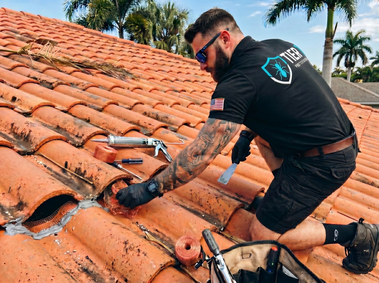 Tier 1 Pest Solutions technician sealing roof tile gaps with copper mesh during a rodent exclusion job in Tampa FL